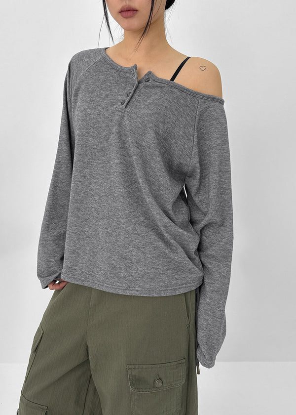 Tesion Button Off-shoulder Long Sleeve T-shirt