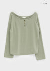 Tesion Button Off-shoulder Long Sleeve T-shirt