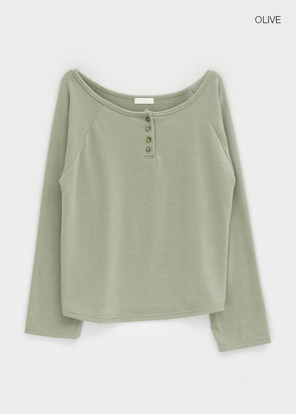 Tesion Button Off-shoulder Long Sleeve T-shirt