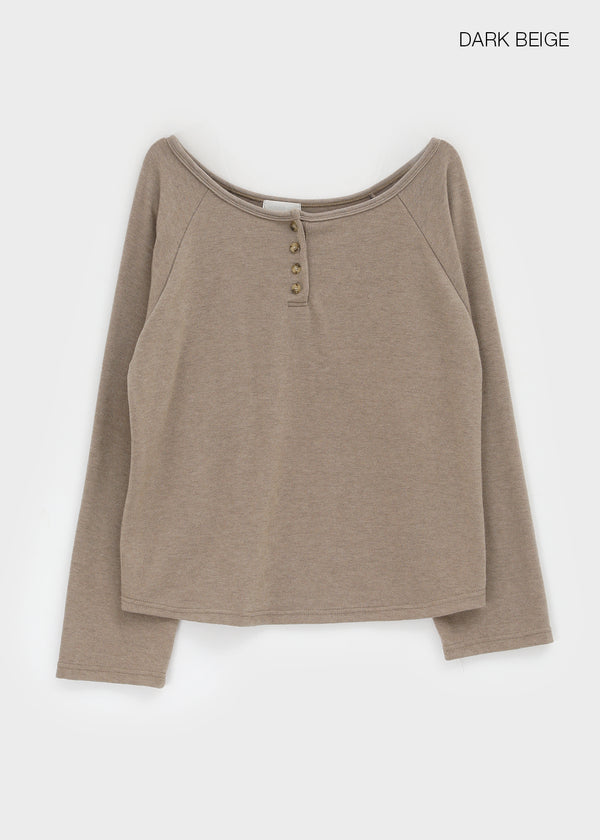 Tesion Button Off-shoulder Long Sleeve T-shirt