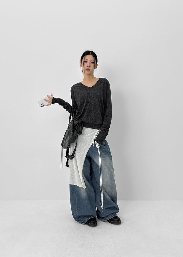 Richas V-neck knit long-sleeved T-shirt