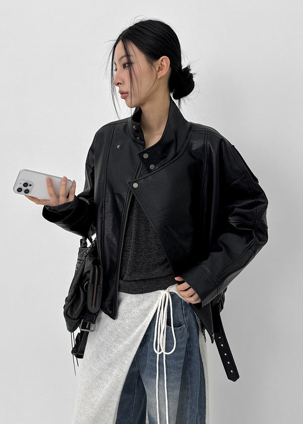 Shagle High-neck Fur Leather Jumper (2 Types)