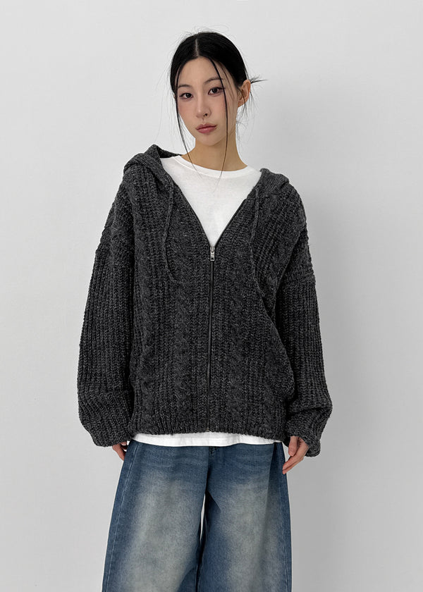 (UNISEX) Dote Cable Knit Hooded Zip-up