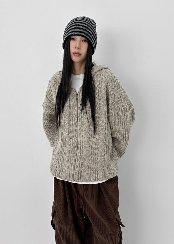 (UNISEX) Dote Cable Knit Hooded Zip-up