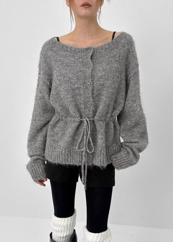 Hushing Strap Boat Neck Wool Knit Cardigan