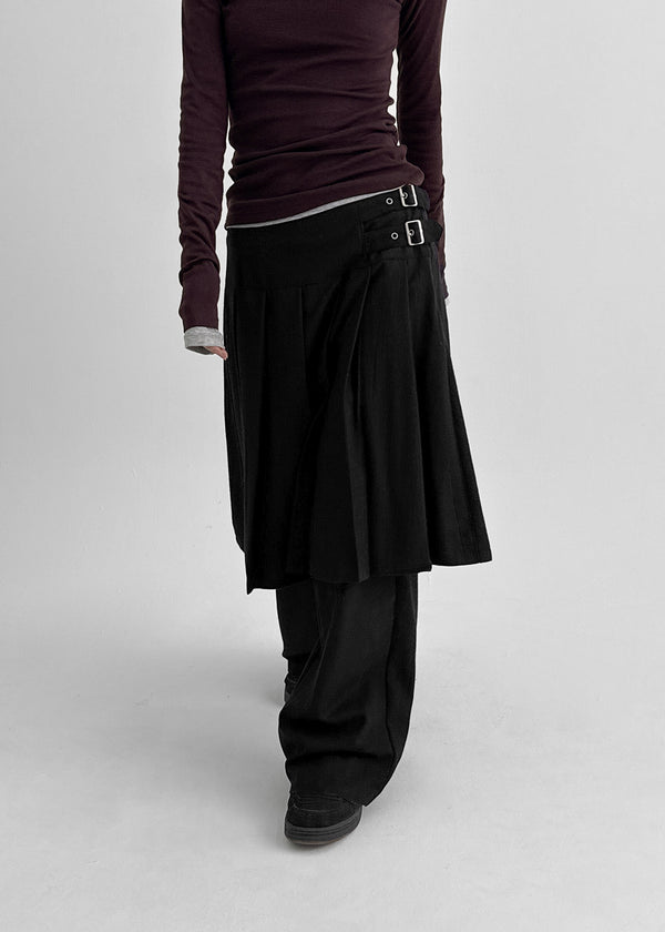 Pocoon Buckle Back Band Pleated Skirt Pants (30% Wool)