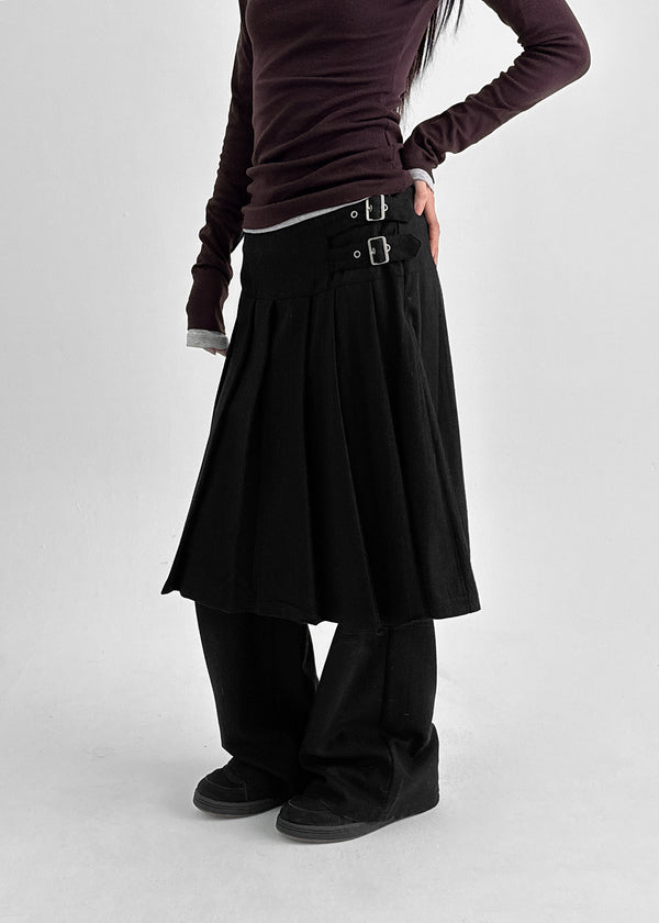 Pocoon Buckle Back Band Pleated Skirt Pants (30% Wool)