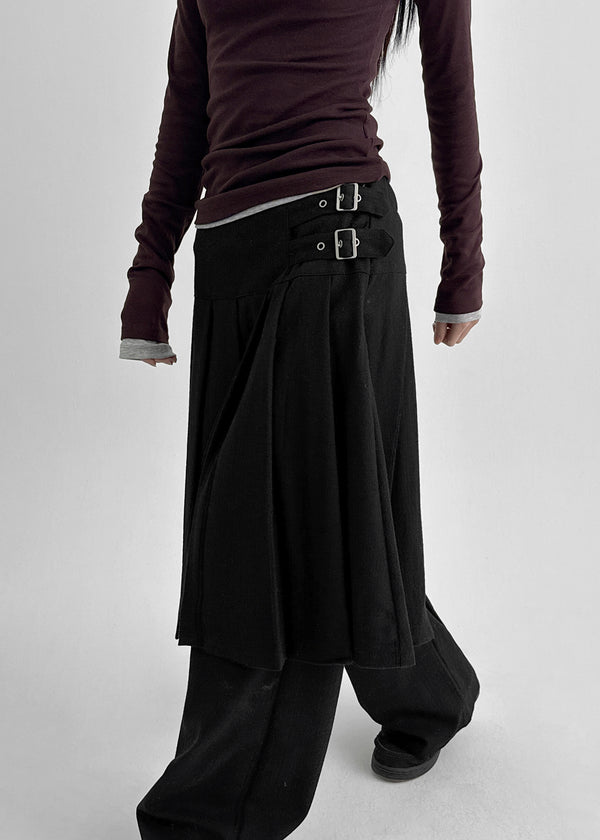 Pocoon Buckle Back Band Pleated Skirt Pants (30% Wool)