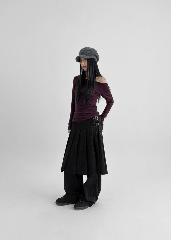 Pocoon Buckle Back Band Pleated Skirt Pants (30% Wool)