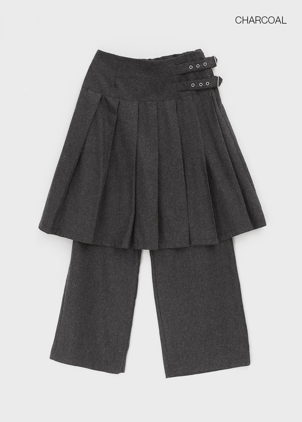 Pocoon Buckle Back Band Pleated Skirt Pants (30% Wool)
