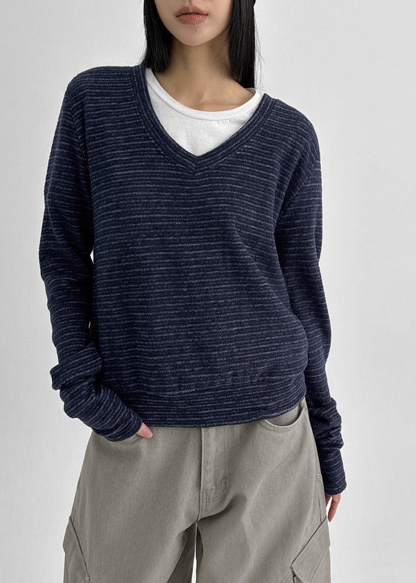 Symbol V-neck Striped Button Long-sleeved T-shirt