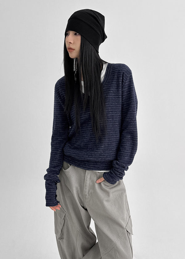 Symbol V-neck Striped Button Long-sleeved T-shirt