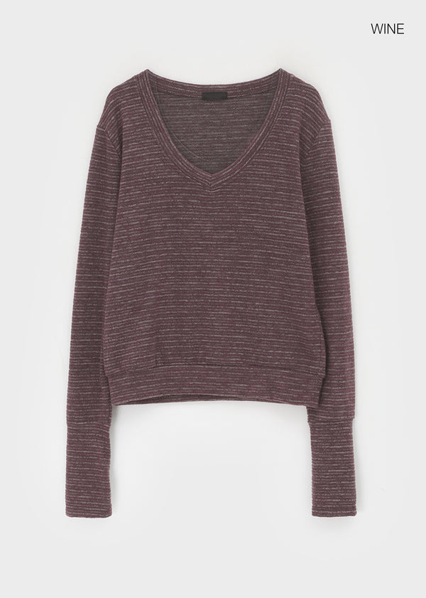 Symbol V-neck Striped Button Long-sleeved T-shirt