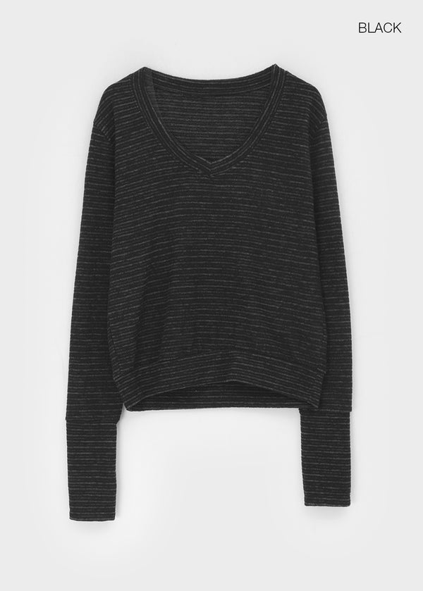 Symbol V-neck Striped Button Long-sleeved T-shirt