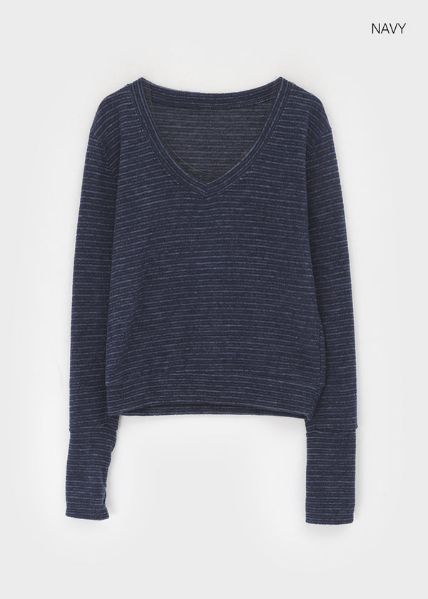 Symbol V-neck Striped Button Long-sleeved T-shirt