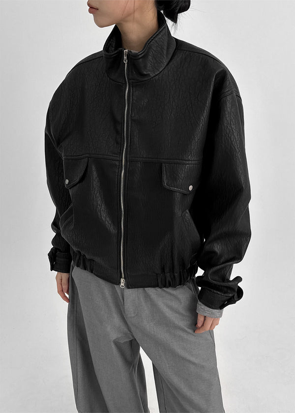 (UNISEX) Trollti Two-way High Neck Cracked Leather Jumper