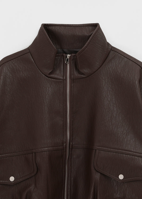 (UNISEX) Trollti Two-way High Neck Cracked Leather Jumper