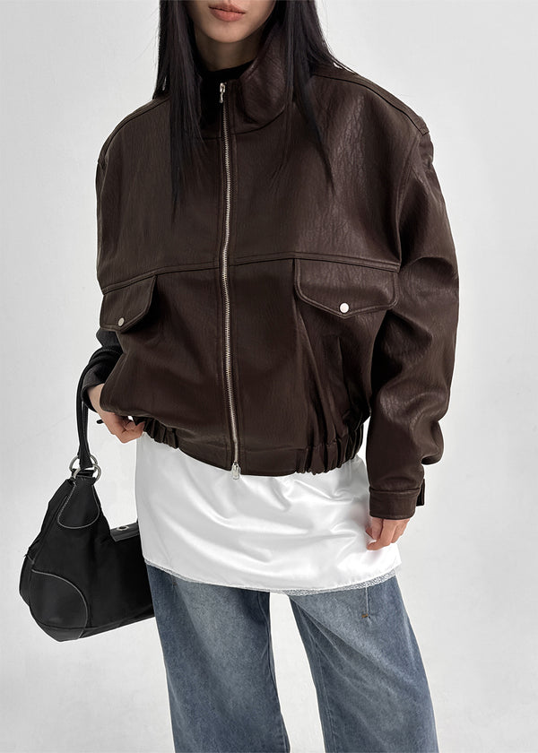 (UNISEX) Trollti Two-way High Neck Cracked Leather Jumper