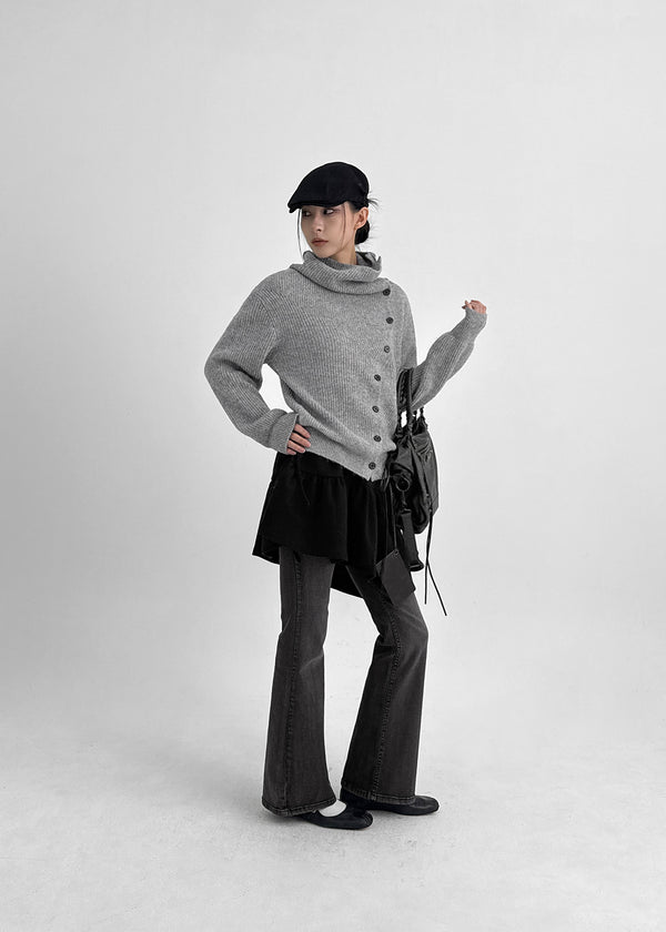 Tetoni Unbalanced Button Knit Cardigan (50% Wool)