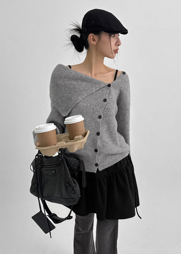 Tetoni Unbalanced Button Knit Cardigan (50% Wool)