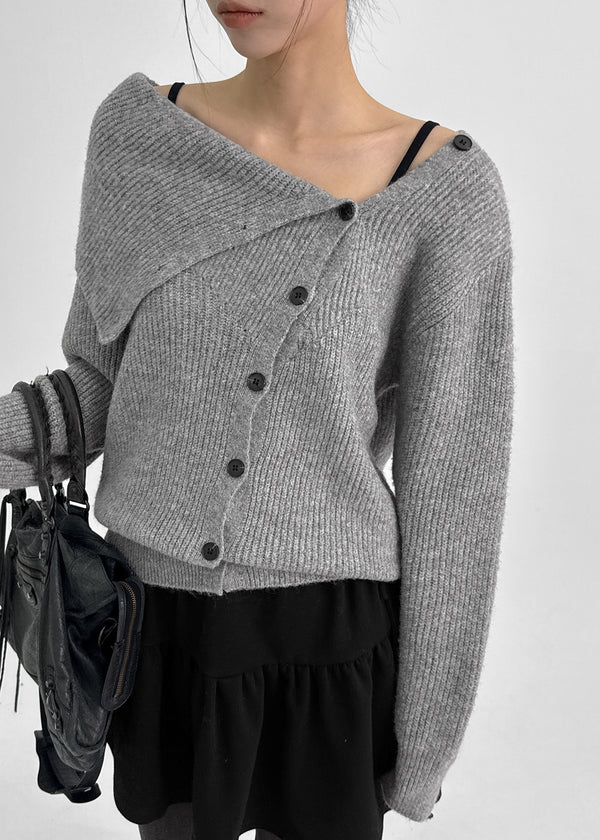 Tetoni Unbalanced Button Knit Cardigan (50% Wool)