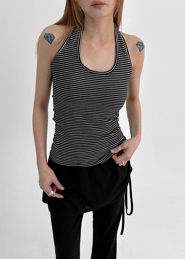 Cottle Peach Fleece Striped Halter Sleeveless (built-in Cap)