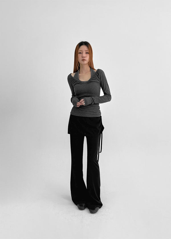 Meow Peach Fleece Shirring V-neck Long Sleeve T-shirt