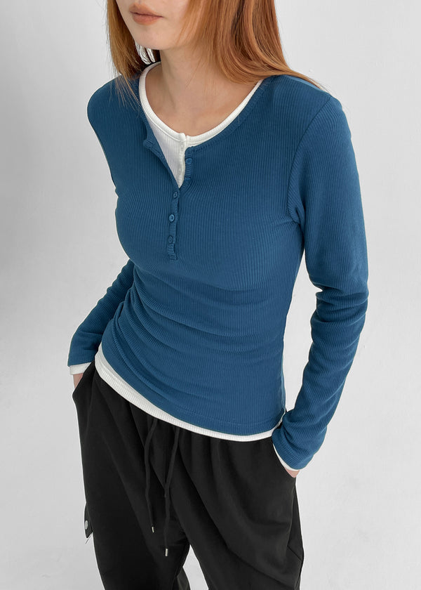 Penic Henley Neck Fleece Ribbed Long Sleeve Tee