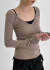 Meow Peach Fleece Shirring V-neck Long Sleeve T-shirt