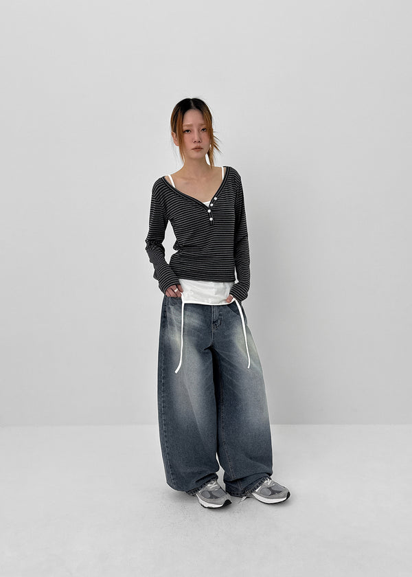 Latodi Striped Button V-neck Long Sleeve T-shirt