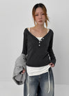 Latodi Striped Button V-neck Long Sleeve T-shirt