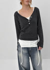 Latodi Striped Button V-neck Long Sleeve T-shirt
