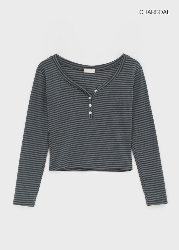 Latodi Striped Button V-neck Long Sleeve T-shirt
