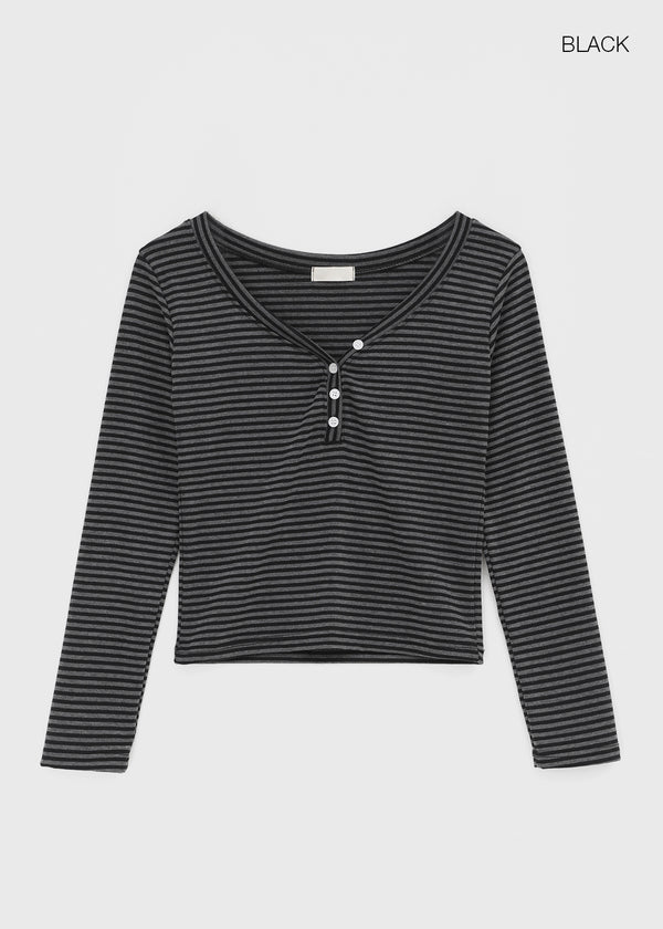 Latodi Striped Button V-neck Long Sleeve T-shirt