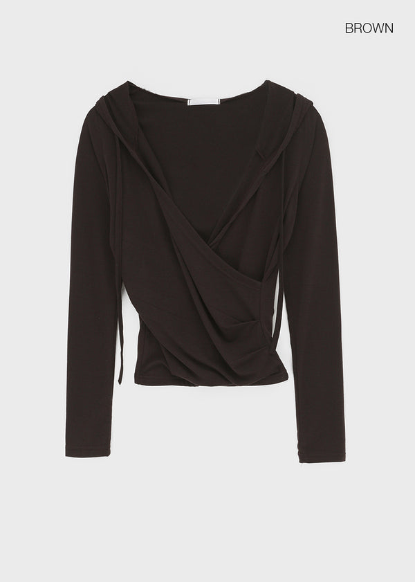 Rekira Hooded Wrap Long Sleeve T-shirt