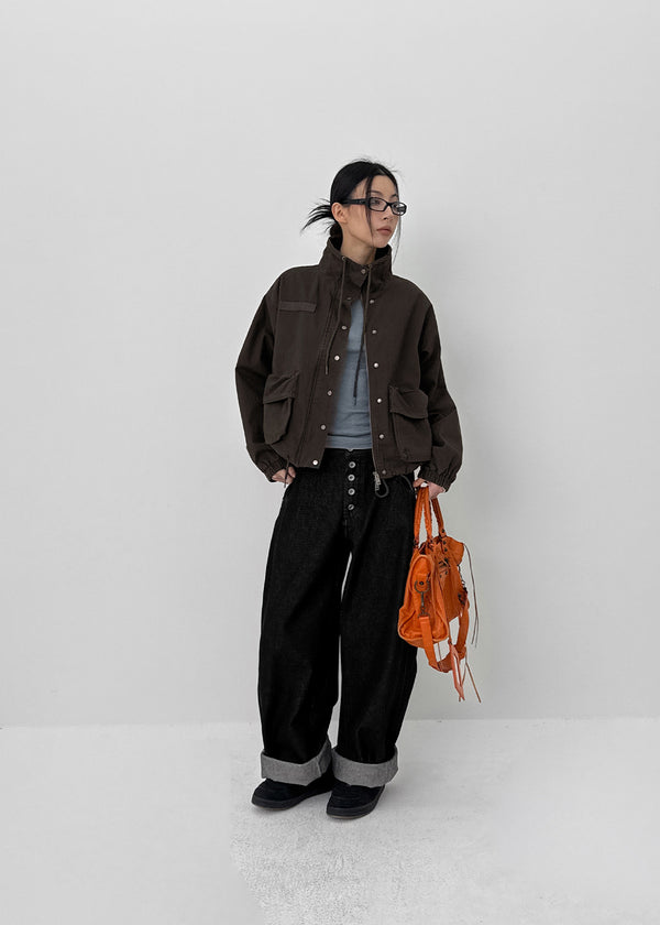 (UNISEX) Blackie Button Non-fade Raw Fabric Balloon Wide Denim Pants