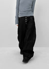 (UNISEX) Blackie Button Non-fade Raw Fabric Balloon Wide Denim Pants