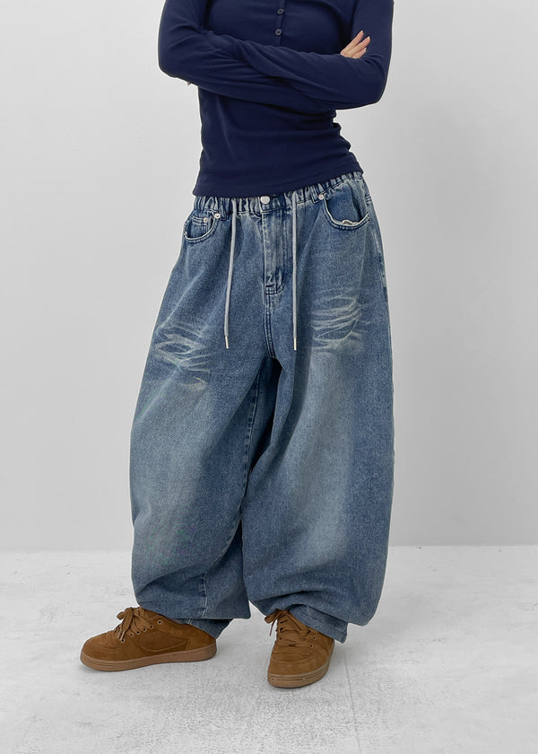 (UNISEX) Recoop Wide Balloon Banding Denim Pants