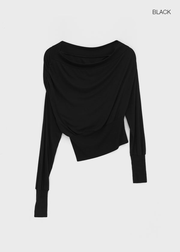 Split Shirring One-shoulder Long-sleeved T-shirt