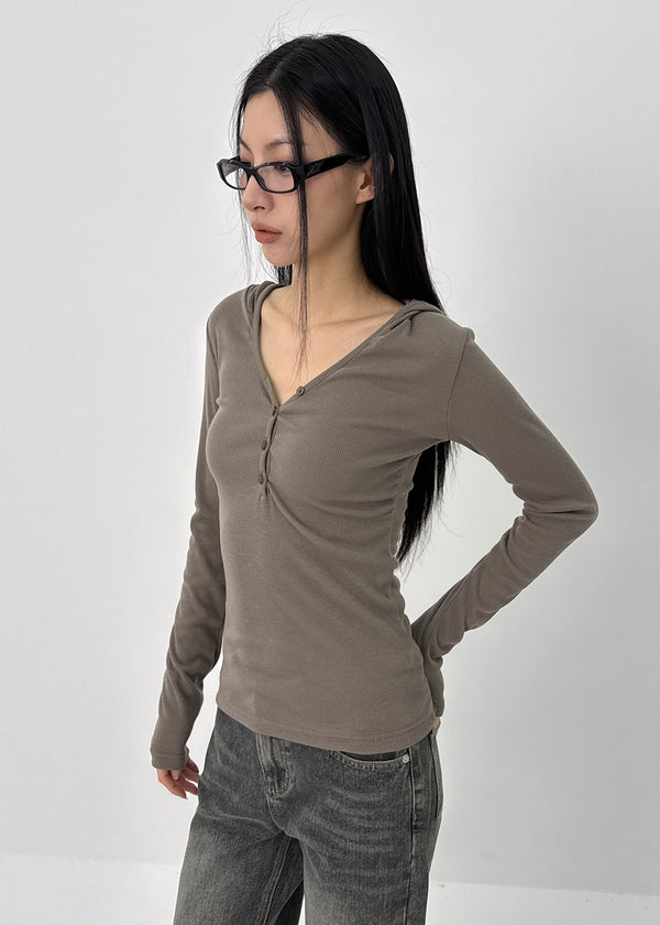 Baol V-neck Button Hooded Long-sleeved T-shirt