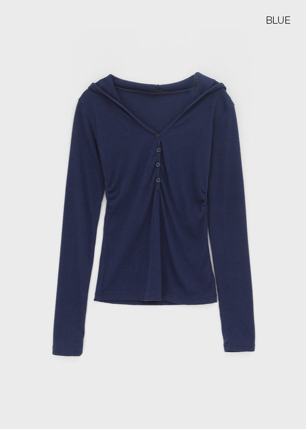 Baol V-neck Button Hooded Long-sleeved T-shirt