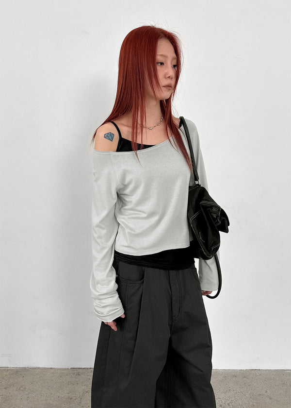 Labelson Boatneck Semi-crop Long Sleeve T-shirt