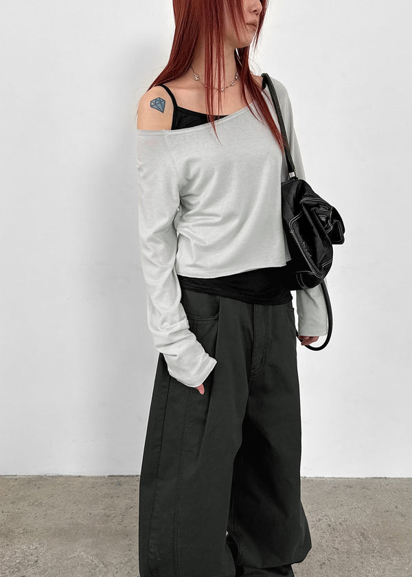 Labelson Boatneck Semi-crop Long Sleeve T-shirt