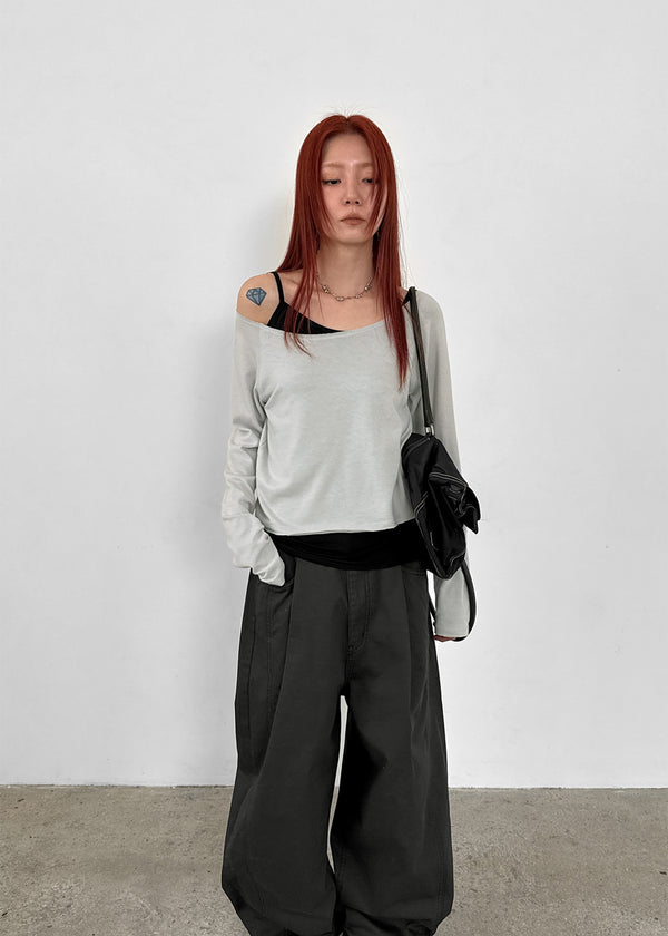 Labelson Boatneck Semi-crop Long Sleeve T-shirt