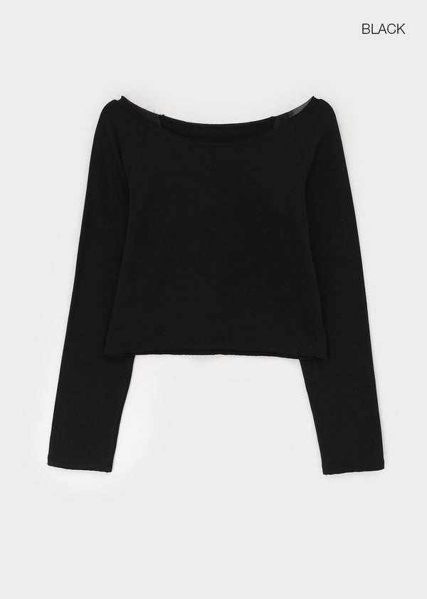 Labelson Boatneck Semi-crop Long Sleeve T-shirt