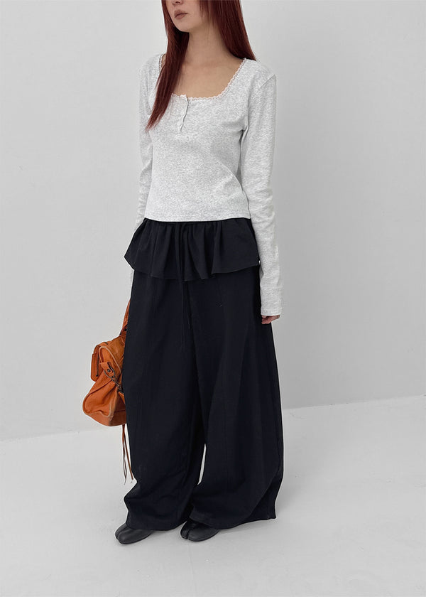 Renemu Square Neck Lace Long Sleeve T-shirt