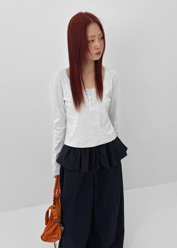 Renemu Square Neck Lace Long Sleeve T-shirt