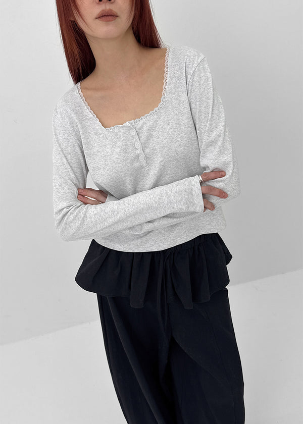 Renemu Square Neck Lace Long Sleeve T-shirt