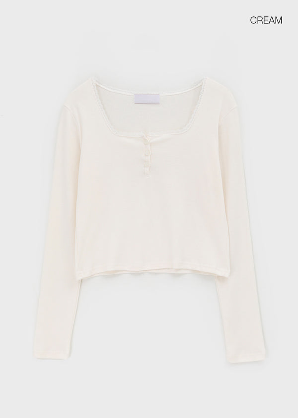 Renemu Square Neck Lace Long Sleeve T-shirt