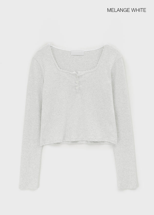 Renemu Square Neck Lace Long Sleeve T-shirt